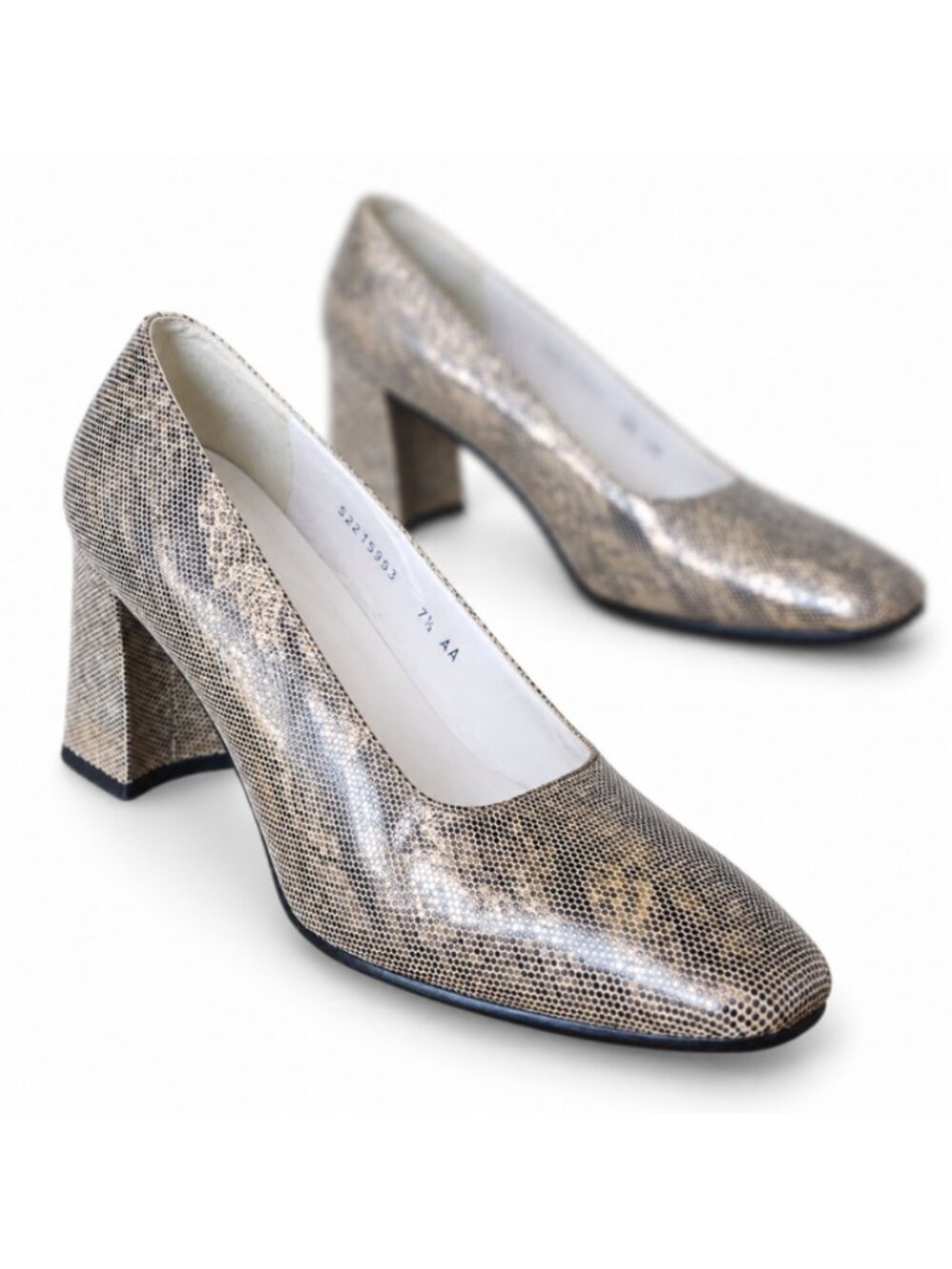 Stuart Weitzman Pumps 7.5 AA Narrow Metallic Animal Print Block Heel Square Toe